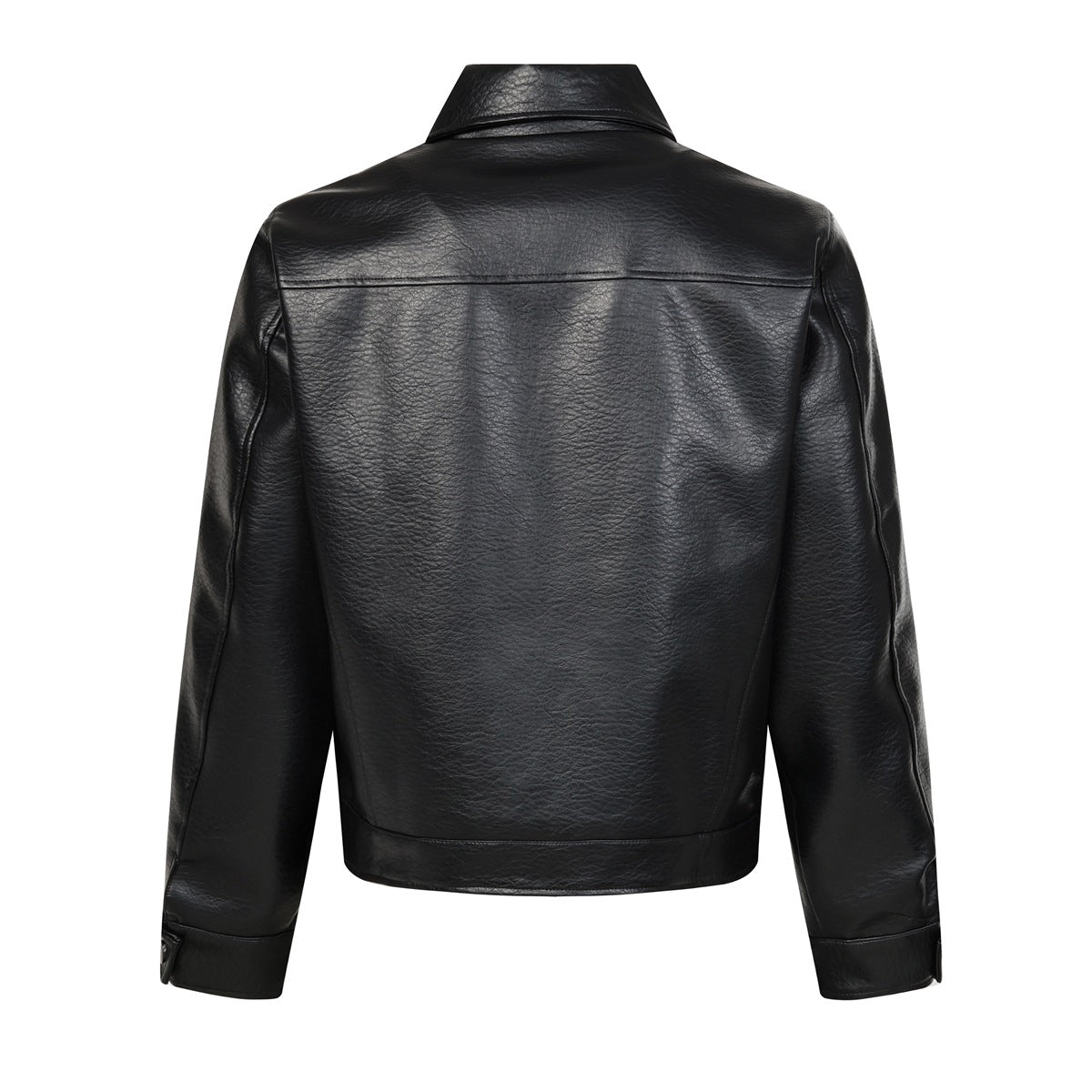 Back view of a black jacket with a pointed collar, long sleeves, and stitched back yoke.