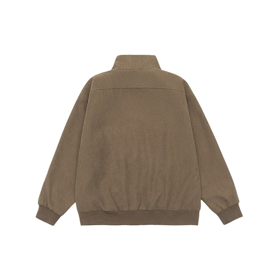 Back view of a taupe-brown jacket with a stand collar, long sleeves, and ribbed cuffs and hem.