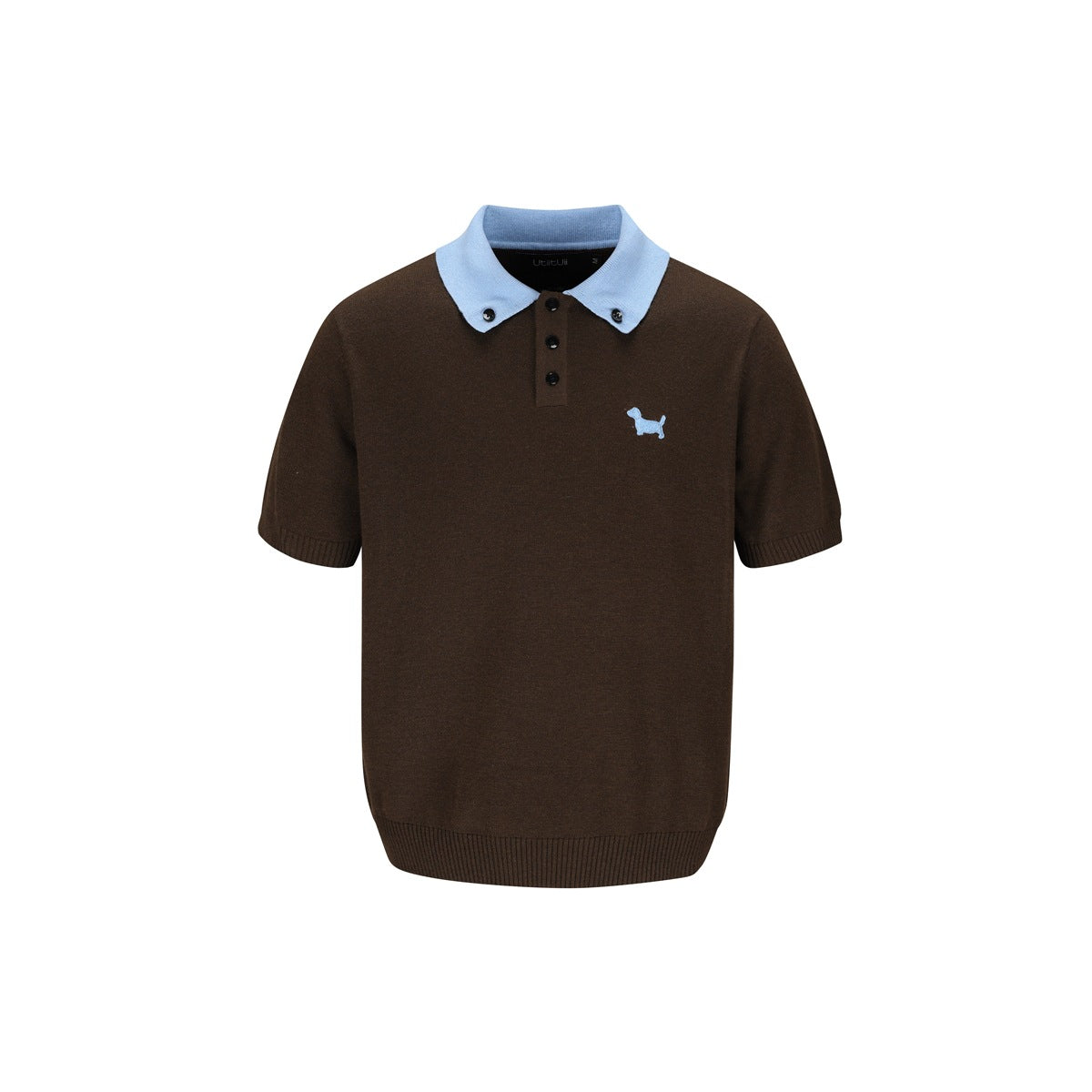 Brown knit short-sleeve polo with light blue collar, three buttons and small light blue embroidered dog on chest
