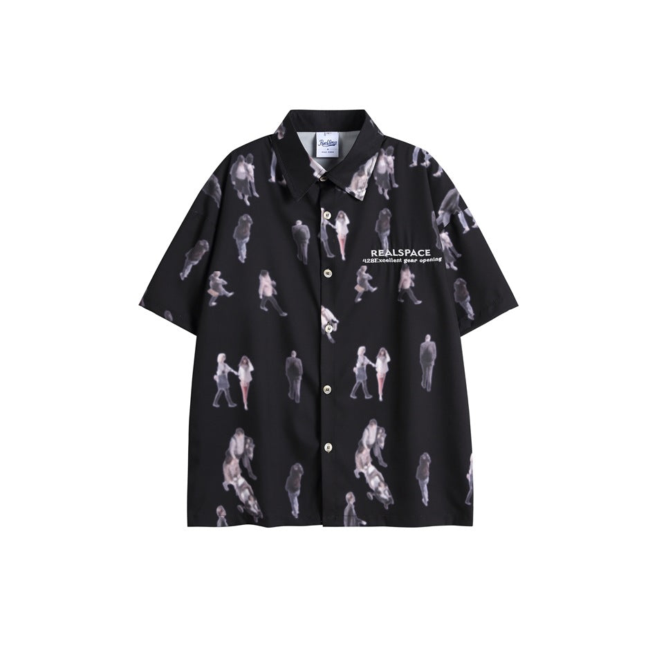 Black short-sleeve button-up shirt with all-over blurred pedestrian figure print, flat front view