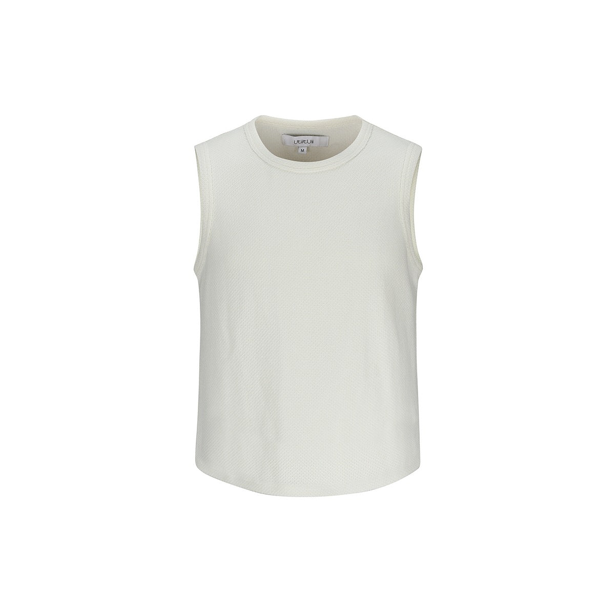 Off-white sleeveless crew-neck tank top with textured knit surface, front view on white background