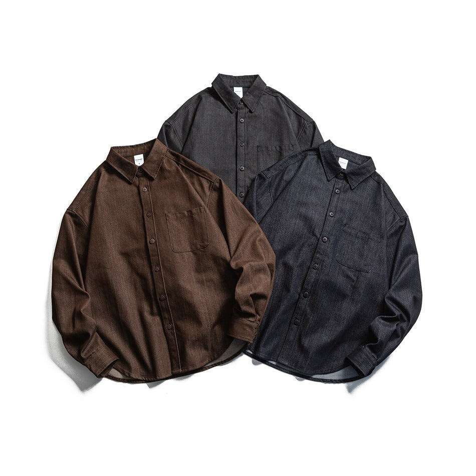 Three button-front shirts with collars and chest pockets, shown in brown, charcoal gray, and dark navy.