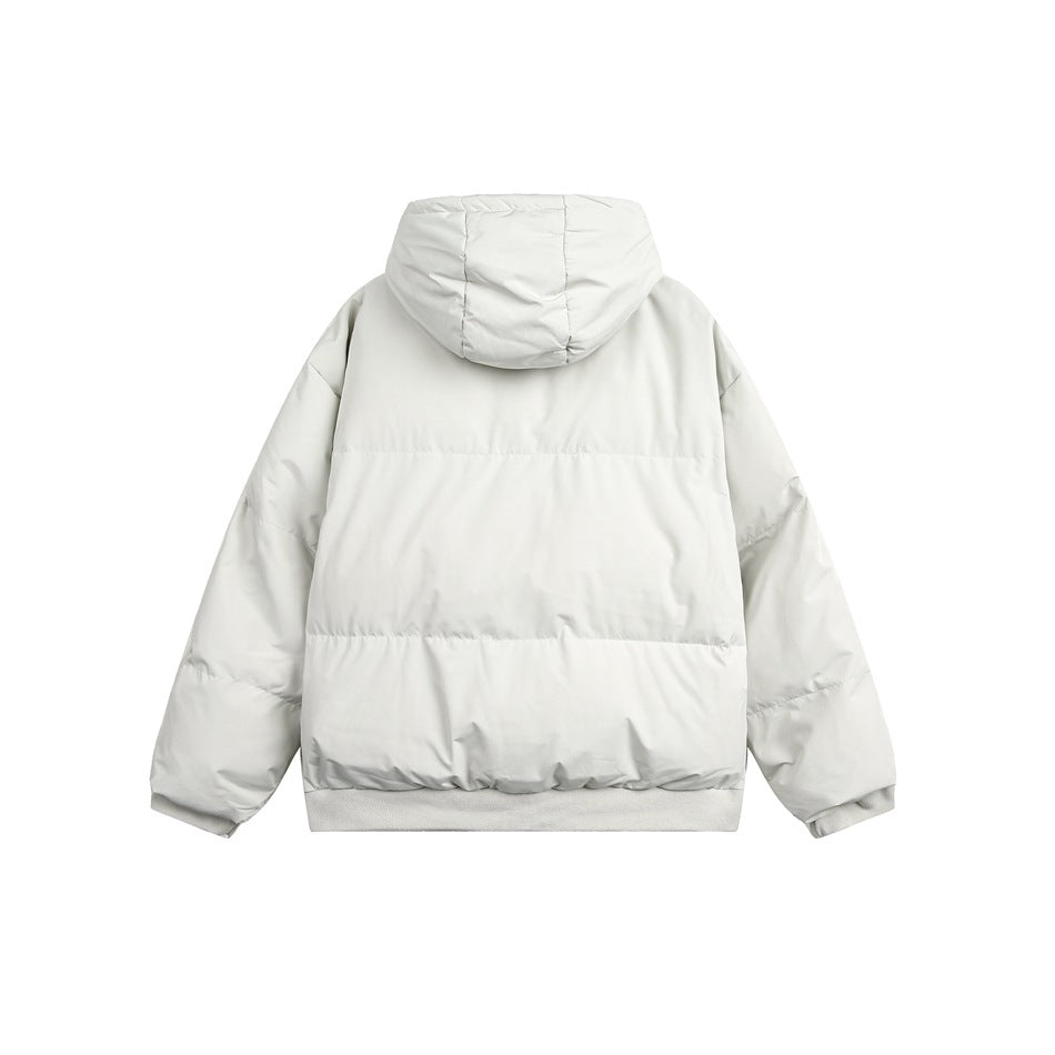 Back view of an off-white hooded padded jacket with horizontal quilted panels and ribbed cuffs and hem.
