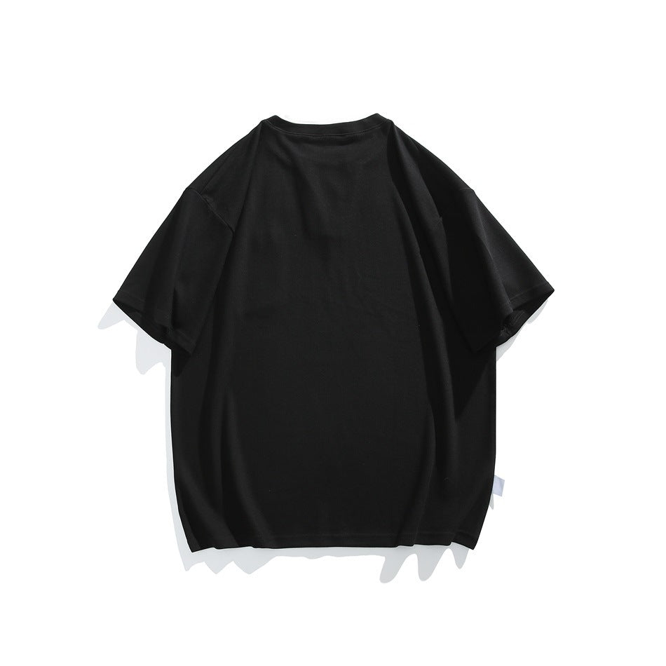 Back view of a plain black short-sleeve shirt with a relaxed fit.