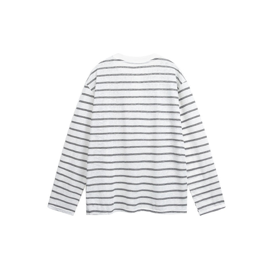 Back view of a white long-sleeve shirt with thin dark horizontal stripes, displayed flat.