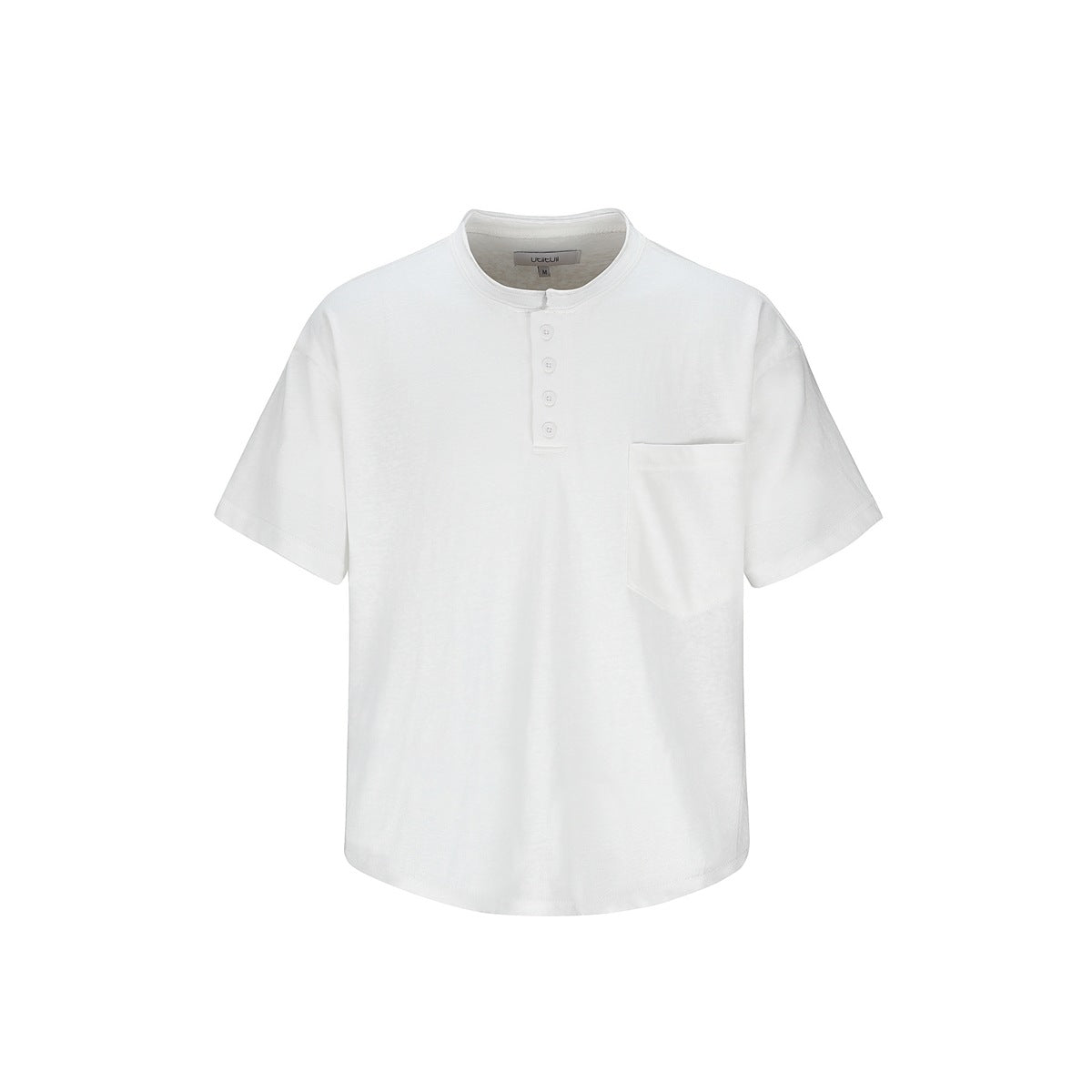 White short-sleeve Henley tee with band collar, four buttons and chest pocket, flat front view