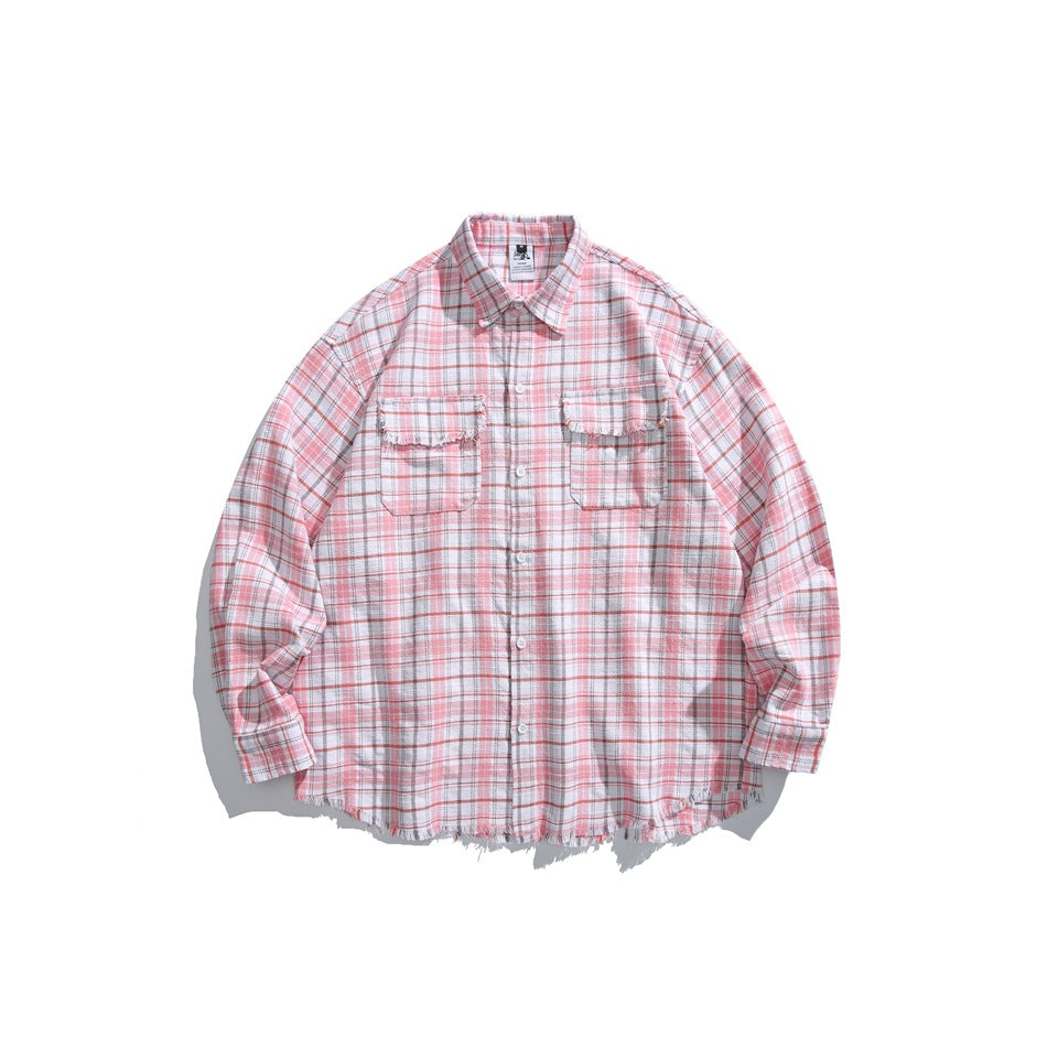 Pink plaid long-sleeve button-up shirt with two flap chest pockets and frayed hem, flat front view