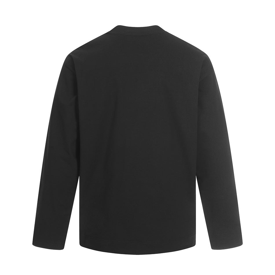 Back view of a plain black long-sleeve crewneck top displayed against a white background.