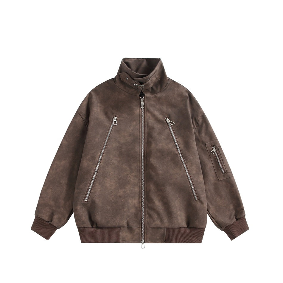 Brown distressed faux-leather bomber jacket with stand collar, diagonal zip pockets and ribbed hem, front view