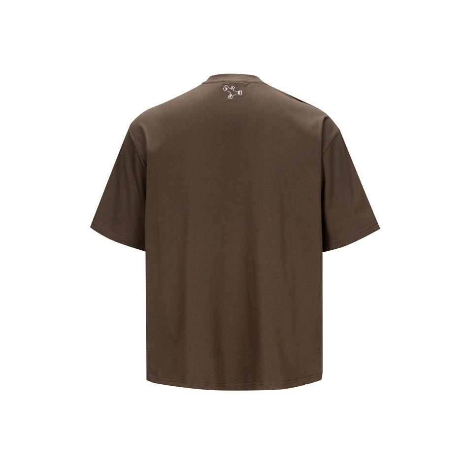 Brown short-sleeve T-shirt, back view, with small white outlined graphic below the neckline