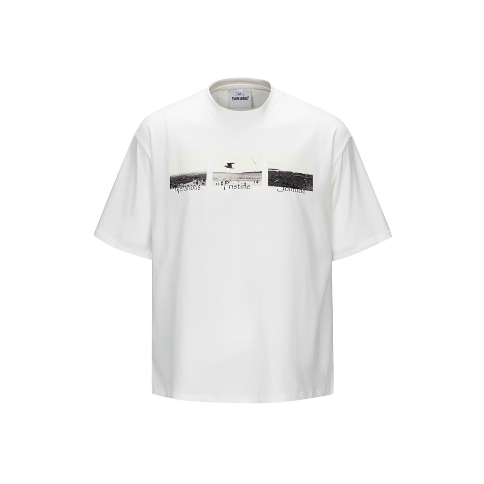 White short-sleeve crew neck T-shirt with a three-panel black-and-white photo print on the chest, front view