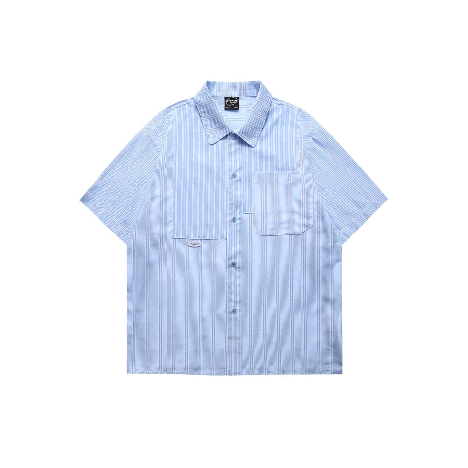 Light blue striped short-sleeve button-up shirt, front flat lay, with chest pocket and patchwork panels