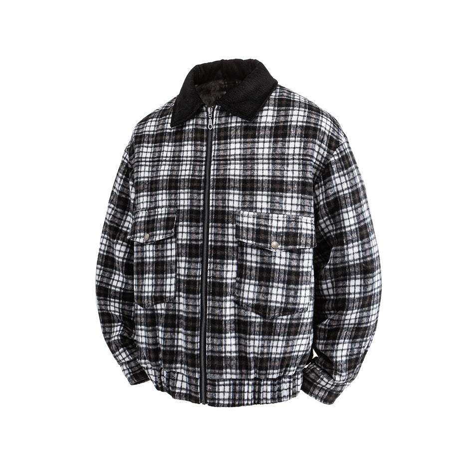 Front view of a black-and-white plaid zip jacket with a black collar and two button-flap chest pockets.