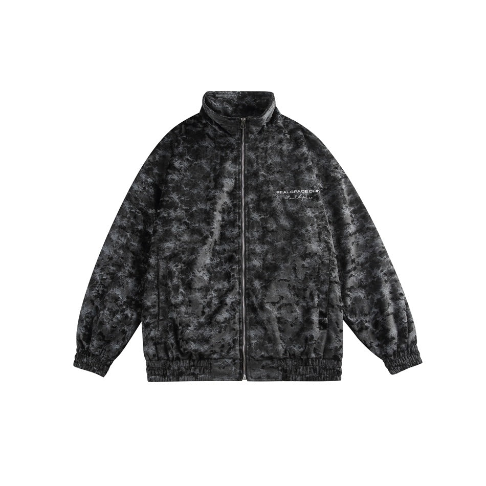 Black textured stand-collar zip jacket flat lay, front view, with elastic cuffs and hem and small chest embroidery
