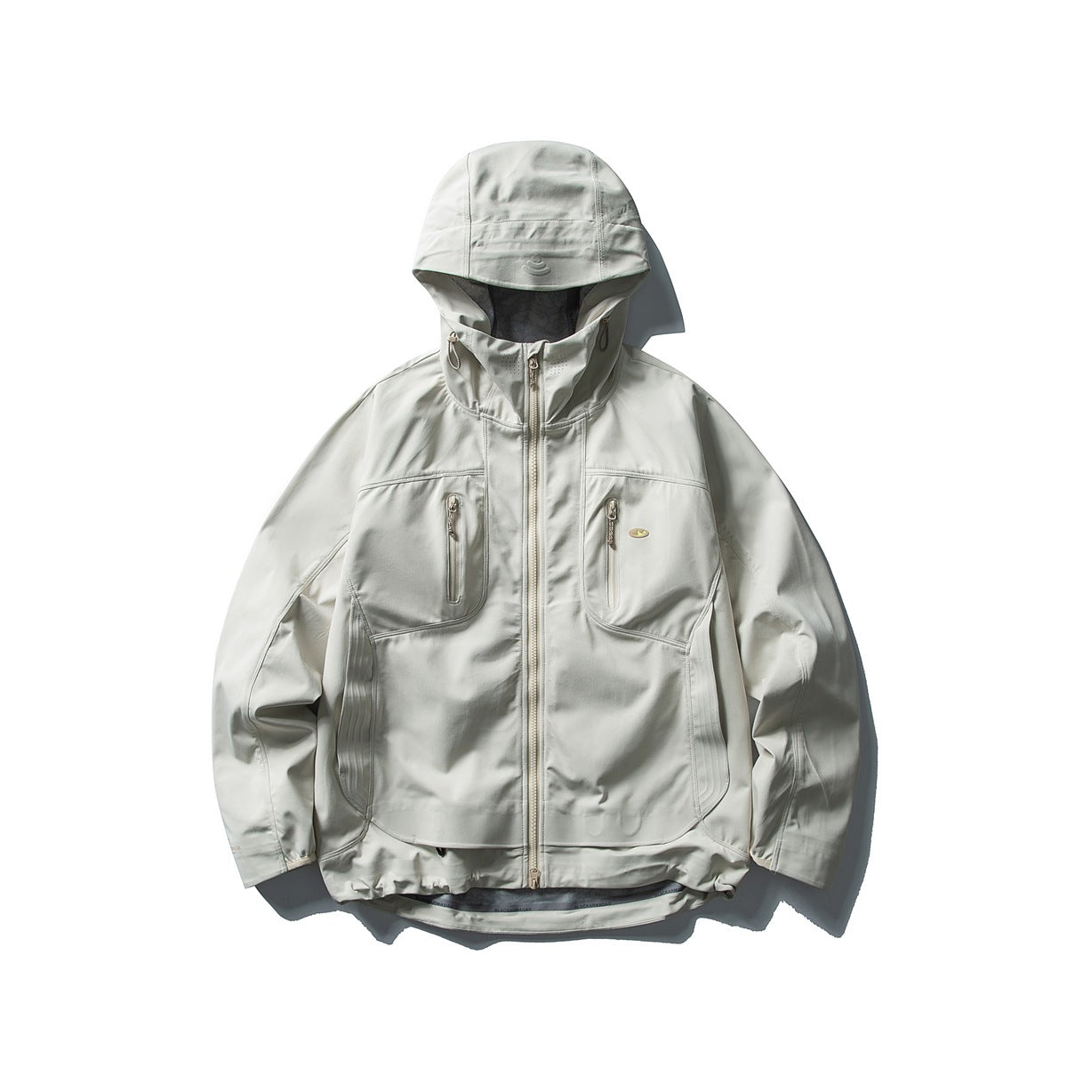 Off-white hooded zip jacket with zipped chest pockets, paneled sides and a drawcord-style hem, flat lay