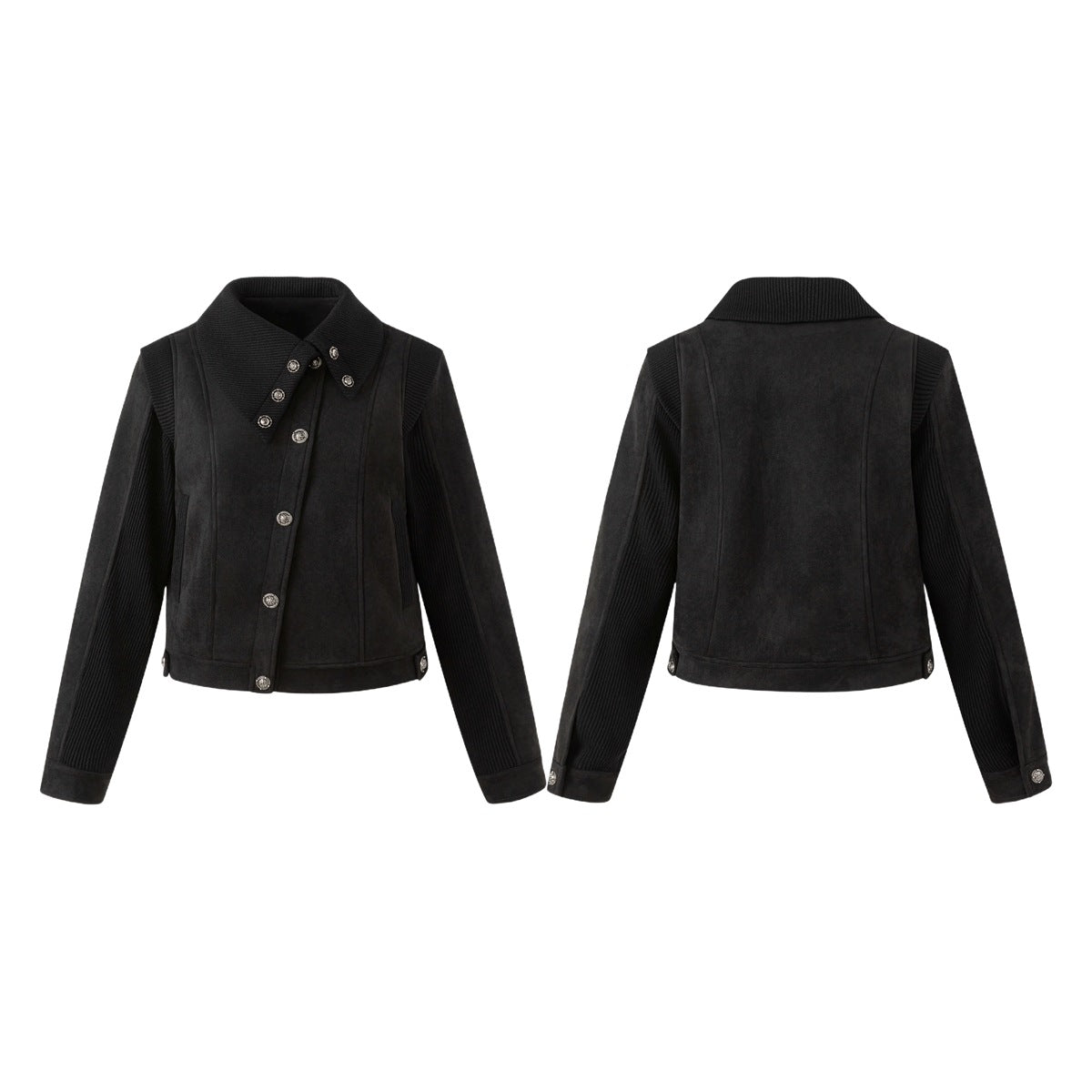 Black cropped jacket shown from front and back, with an asymmetric button front, pointed collar, and ribbed sleeves.