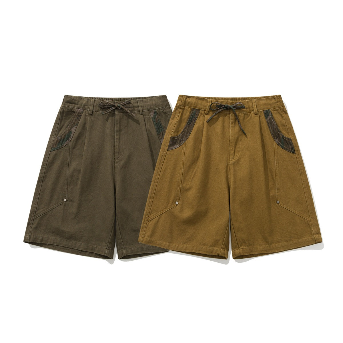 Two pairs of wide-leg shorts shown from the front in olive and mustard brown, with drawstring waists and dark contrast