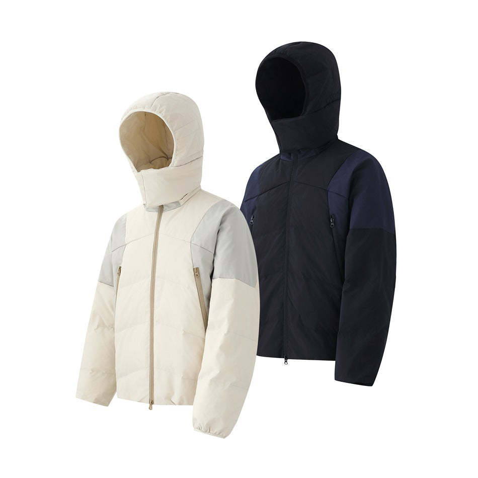 Two hooded jackets shown together: an off-white and pale gray colorblock style and a dark navy style.