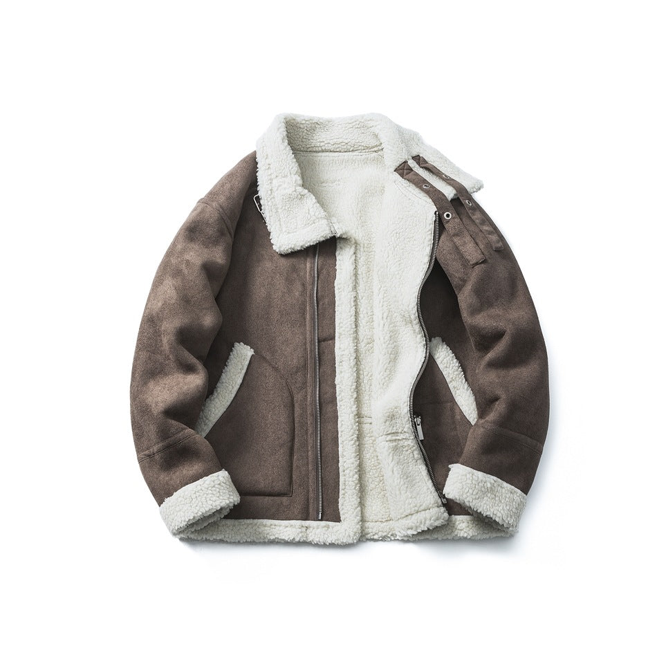 Brown jacket laid flat and open, showing its cream sherpa lining, collar, cuffs and front pockets.