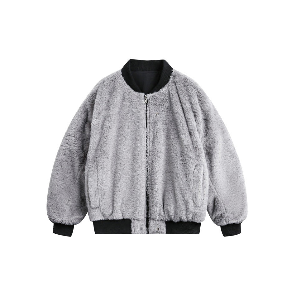 Front view of a gray fuzzy zip-front jacket with a black ribbed collar, cuffs, and hem.