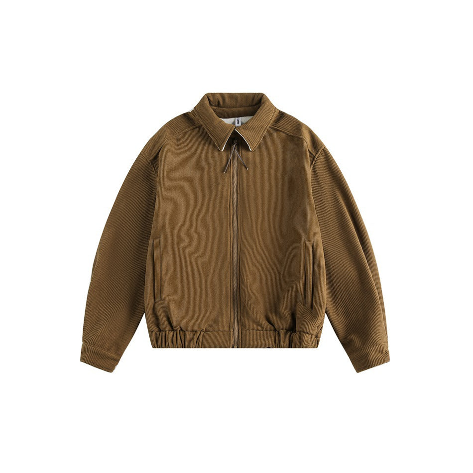 Brown ribbed corduroy-style zip jacket with pointed collar, side pockets and elastic hem, flat front view