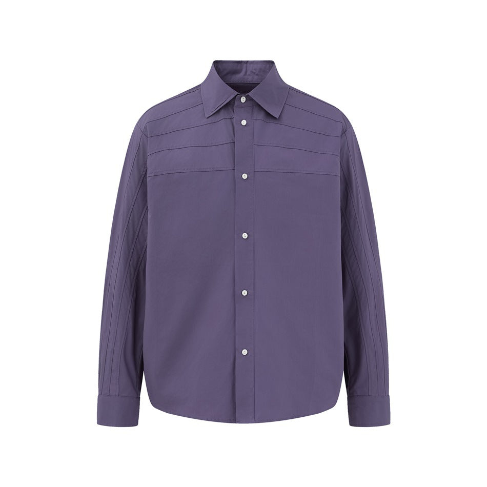 Purple long-sleeve button-up shirt, front flat view, with pointed collar, chest seam lines and pleated sleeves