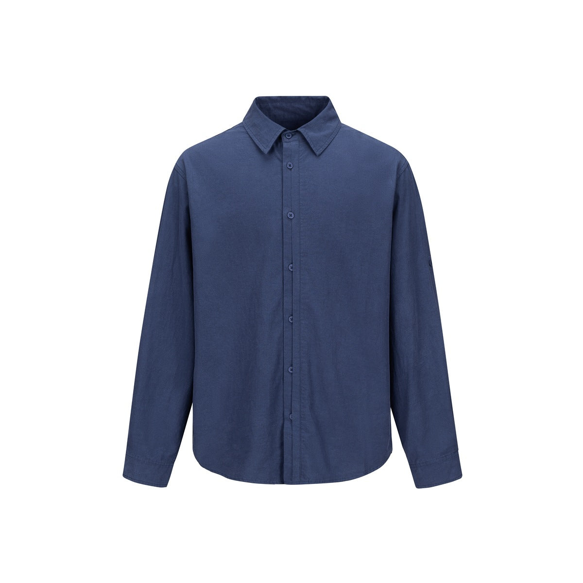 Blue long-sleeve button-up shirt with pointed collar, flat front view on white background