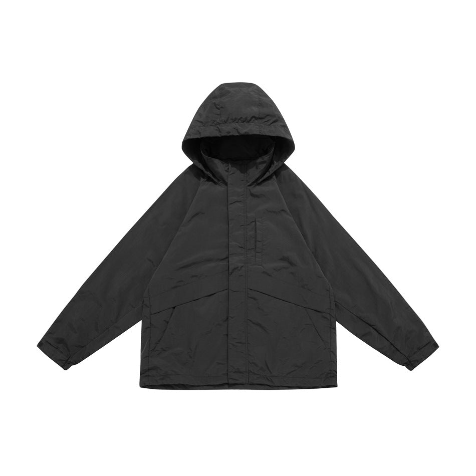 Black hooded zip jacket flat lay with chest pocket and angled lower pocket panels