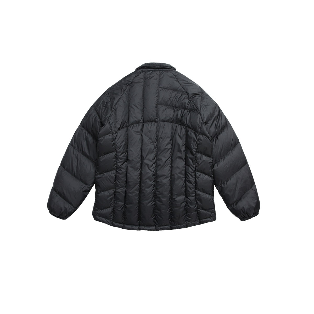 Back view of a black quilted puffer jacket with long sleeves and a stand collar, laid flat on white.