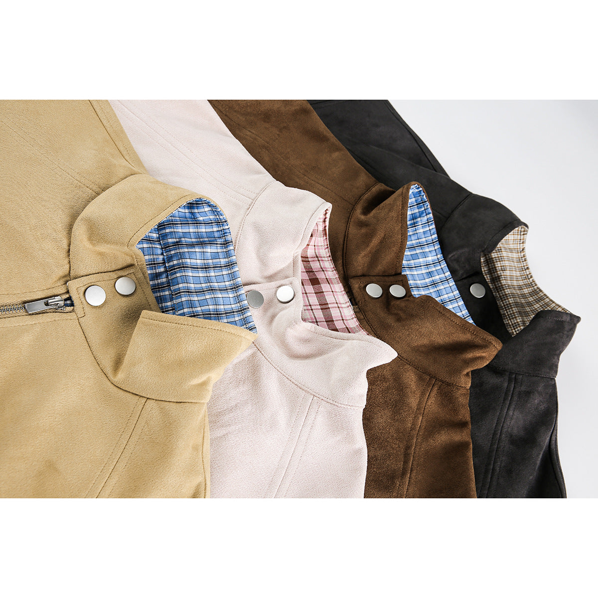 Close-up of tan, blush, brown, and black jackets showing plaid lining, snap tabs, and a zipper.