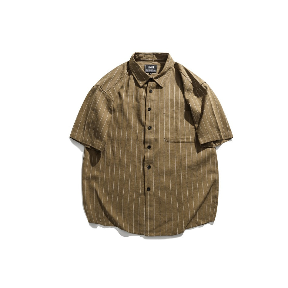 Khaki short-sleeve button-front shirt with white vertical stripes and chest pocket, flat lay