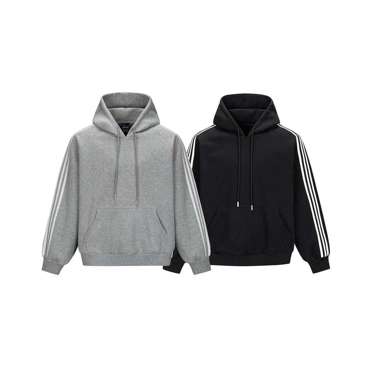Gray and black pullover hoodies shown from the front, each with a kangaroo pocket and three white sleeve stripes.