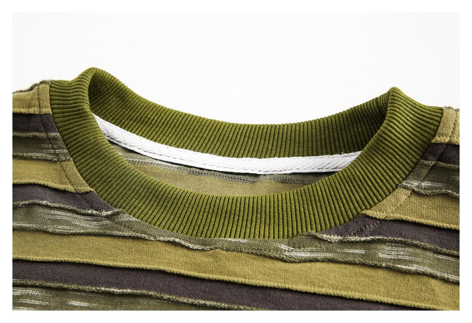 Close-up of a ribbed olive-green crew neckline on a shirt with olive, brown, and textured green stripes.