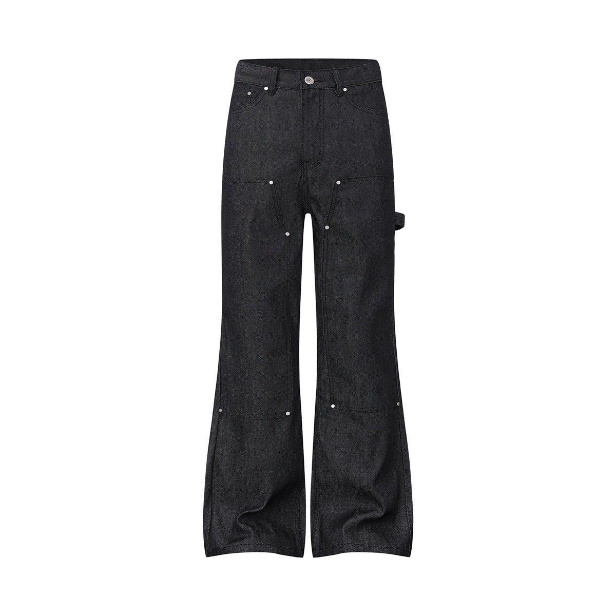 Black flared carpenter-style jeans flat lay, front view, with knee panels, metal rivets and hammer loop