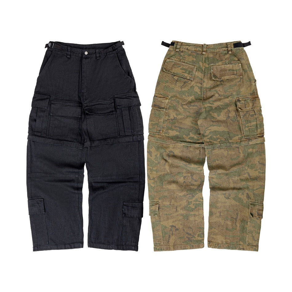 Black and olive-brown camouflage cargo pants shown side by side, with the black pair front-facing and camo pair back-facing.
