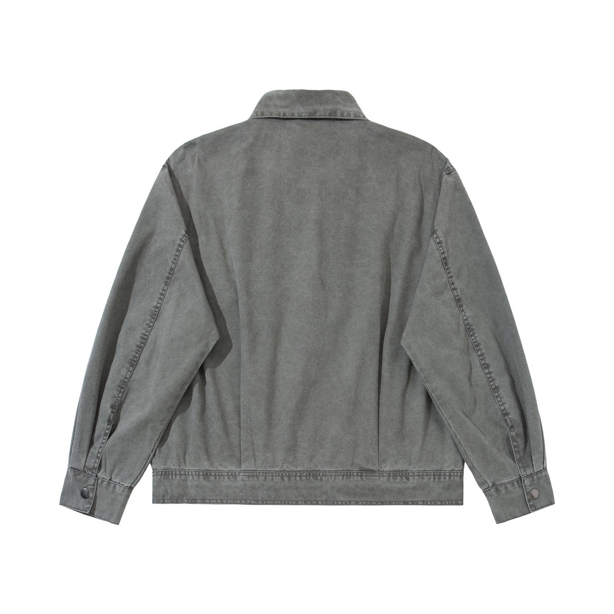 Back view of a gray collared jacket with long sleeves, snap cuffs, and a straight hem.