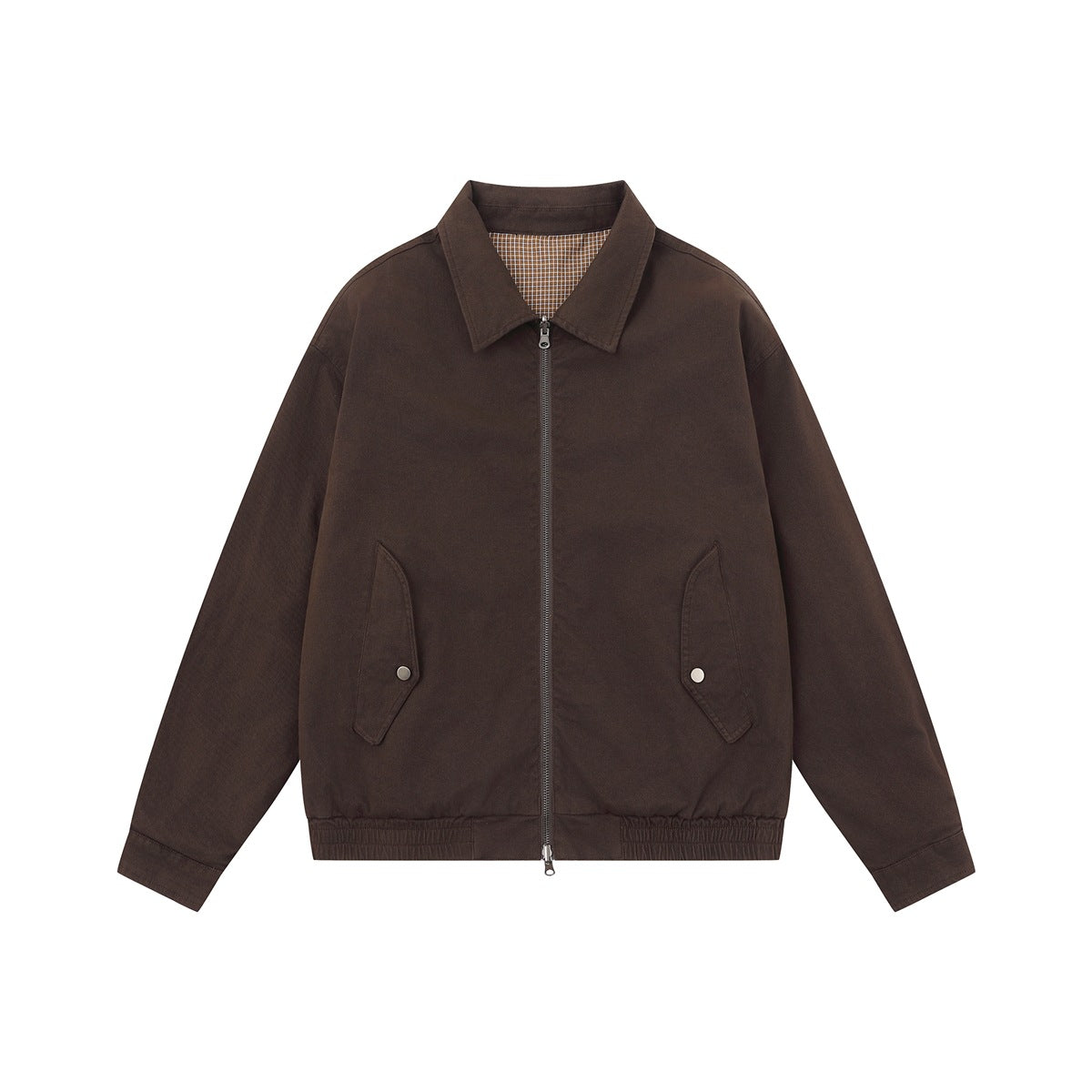 Brown collared zip-front jacket flat lay with flap hip pockets, snap studs and elastic hem