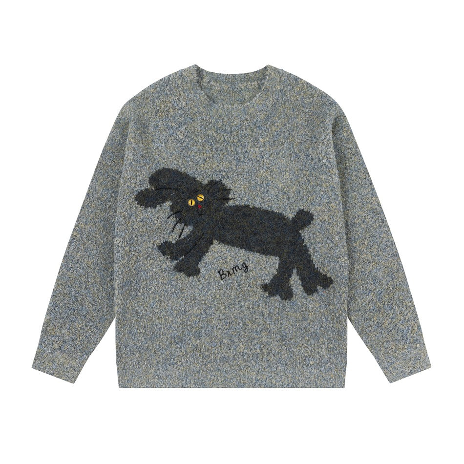 Gray marbled knit crewneck sweater with a fuzzy dark charcoal rabbit motif and yellow eyes, flat front view