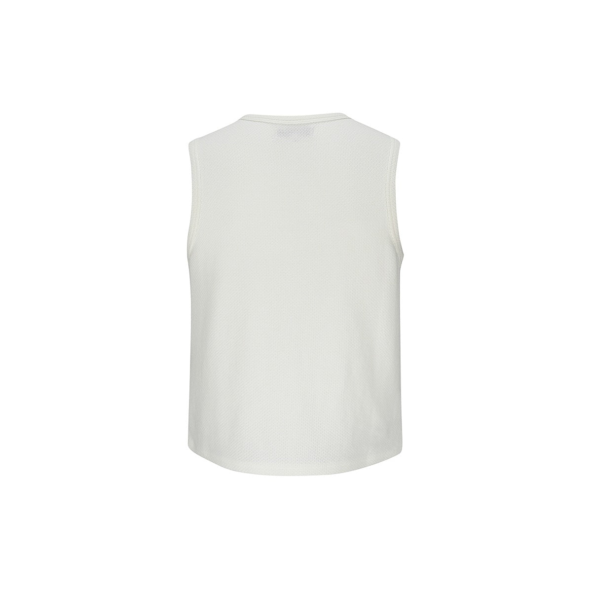 Back view of off-white sleeveless crew-neck tank top with textured knit surface and curved hem