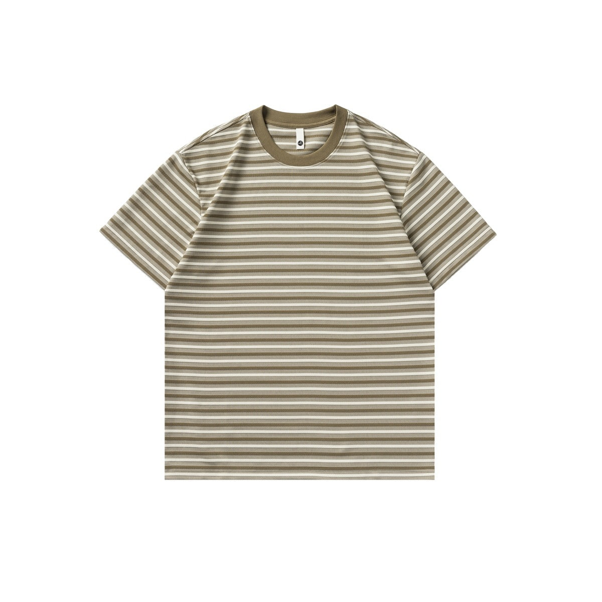 Olive green and cream striped short-sleeve crew-neck T-shirt with textured ribbed fabric, flat lay front view