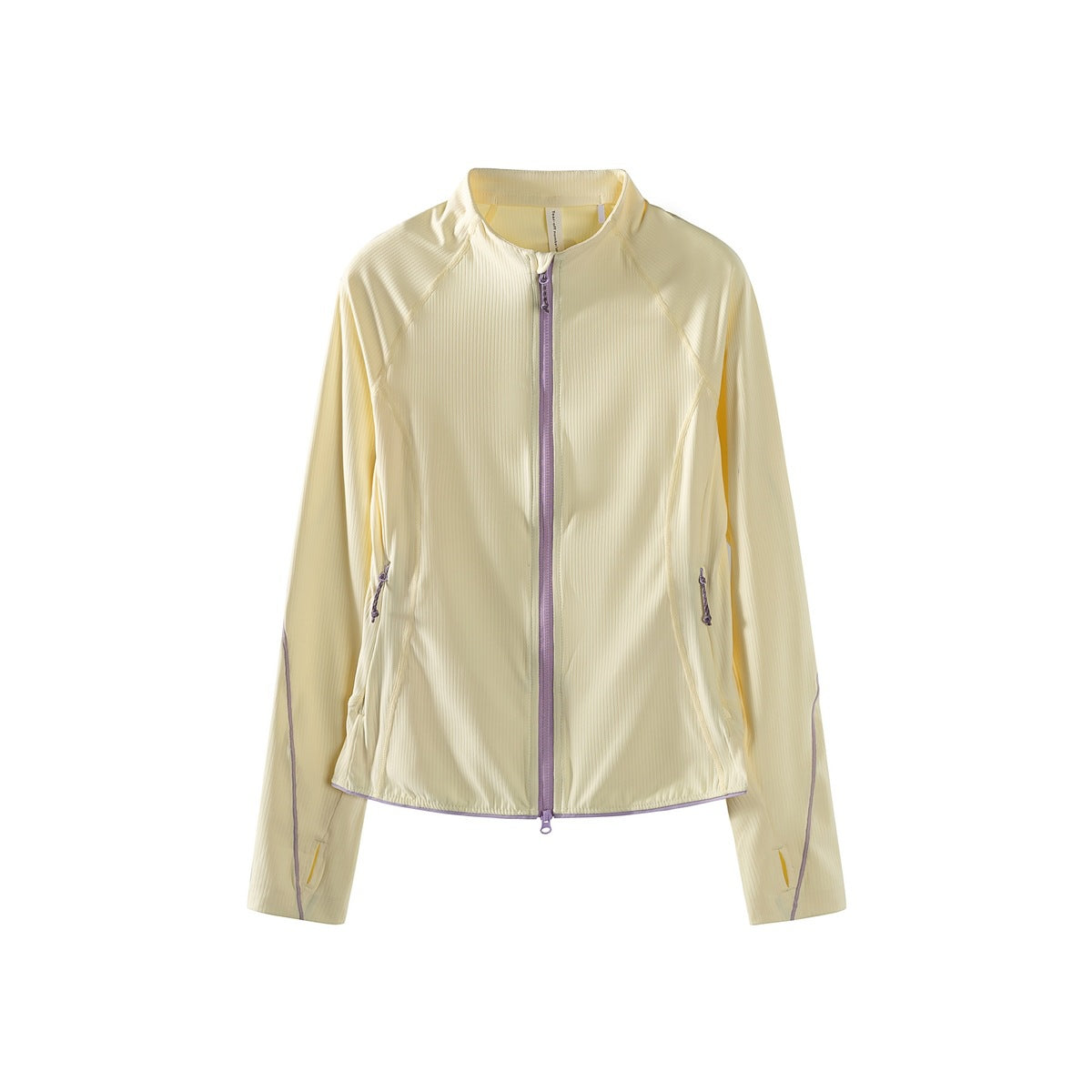 Pale yellow women's zip-up jacket with purple zipper, piping and thumb holes, flat front view