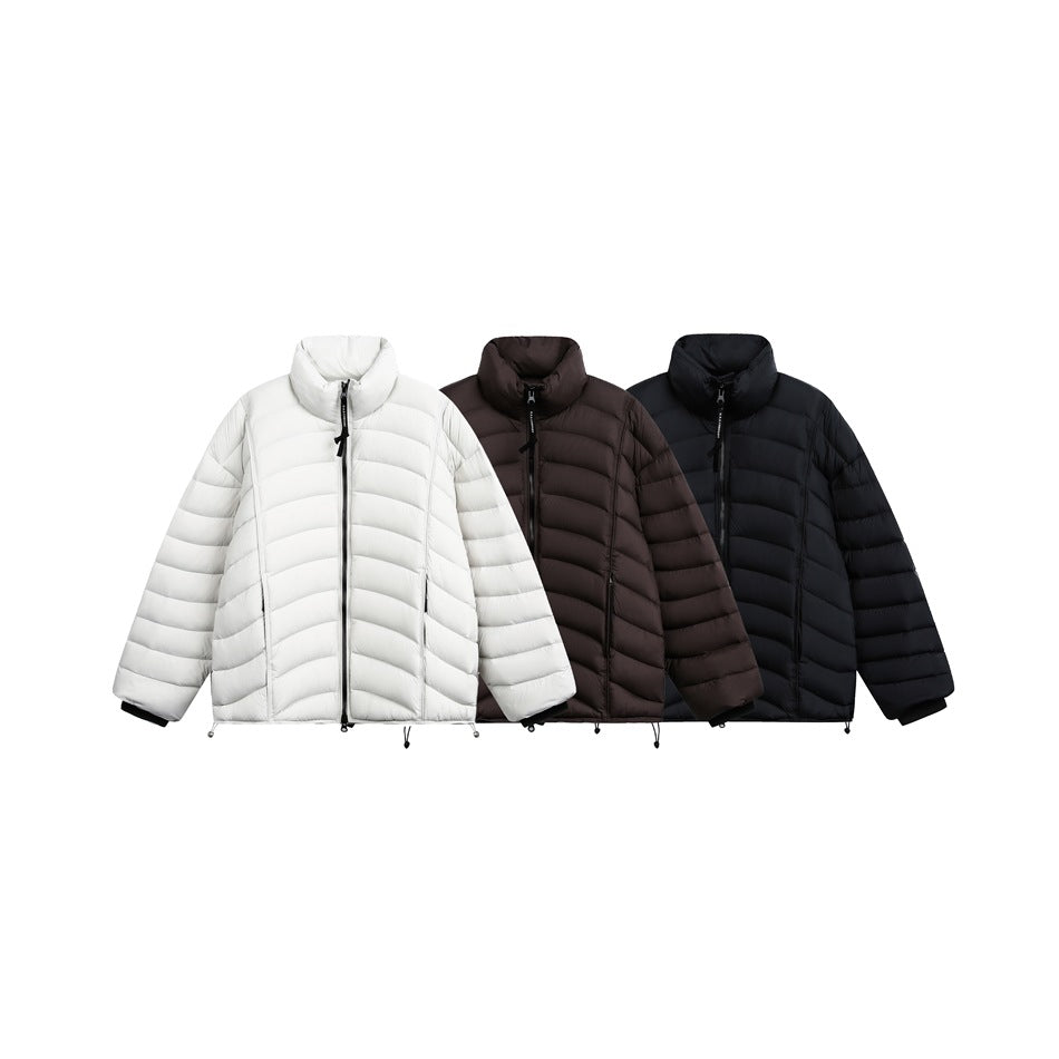 Three front-view quilted puffer jackets with high collars, shown in off-white, dark brown, and black.