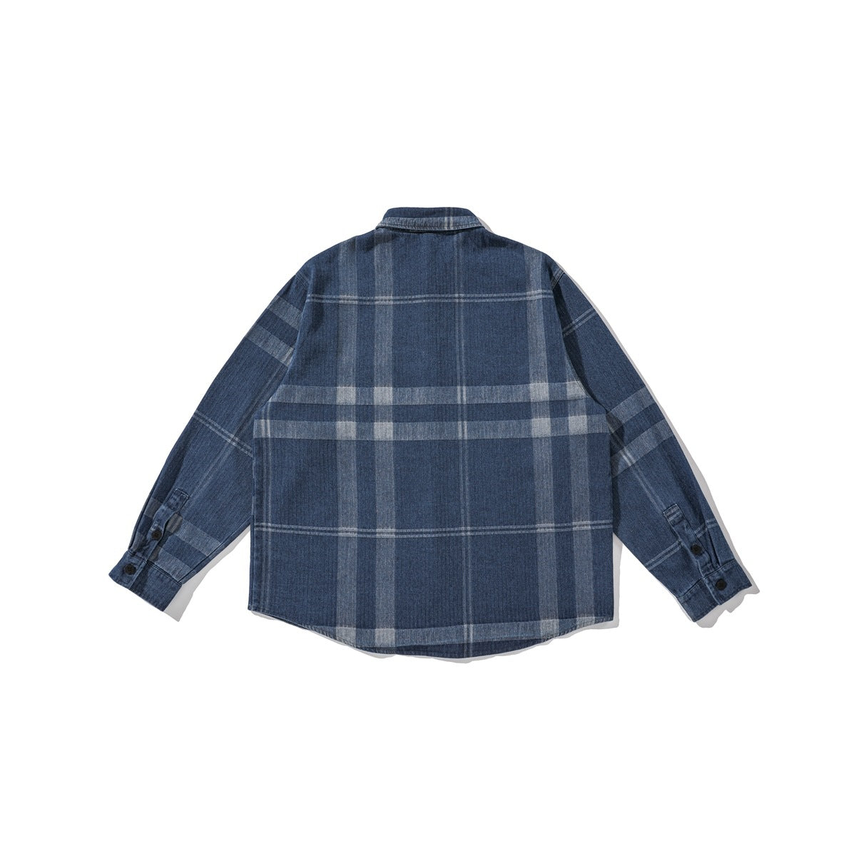 Back view of a blue plaid long-sleeve button-up shirt with a curved hem and buttoned cuffs.