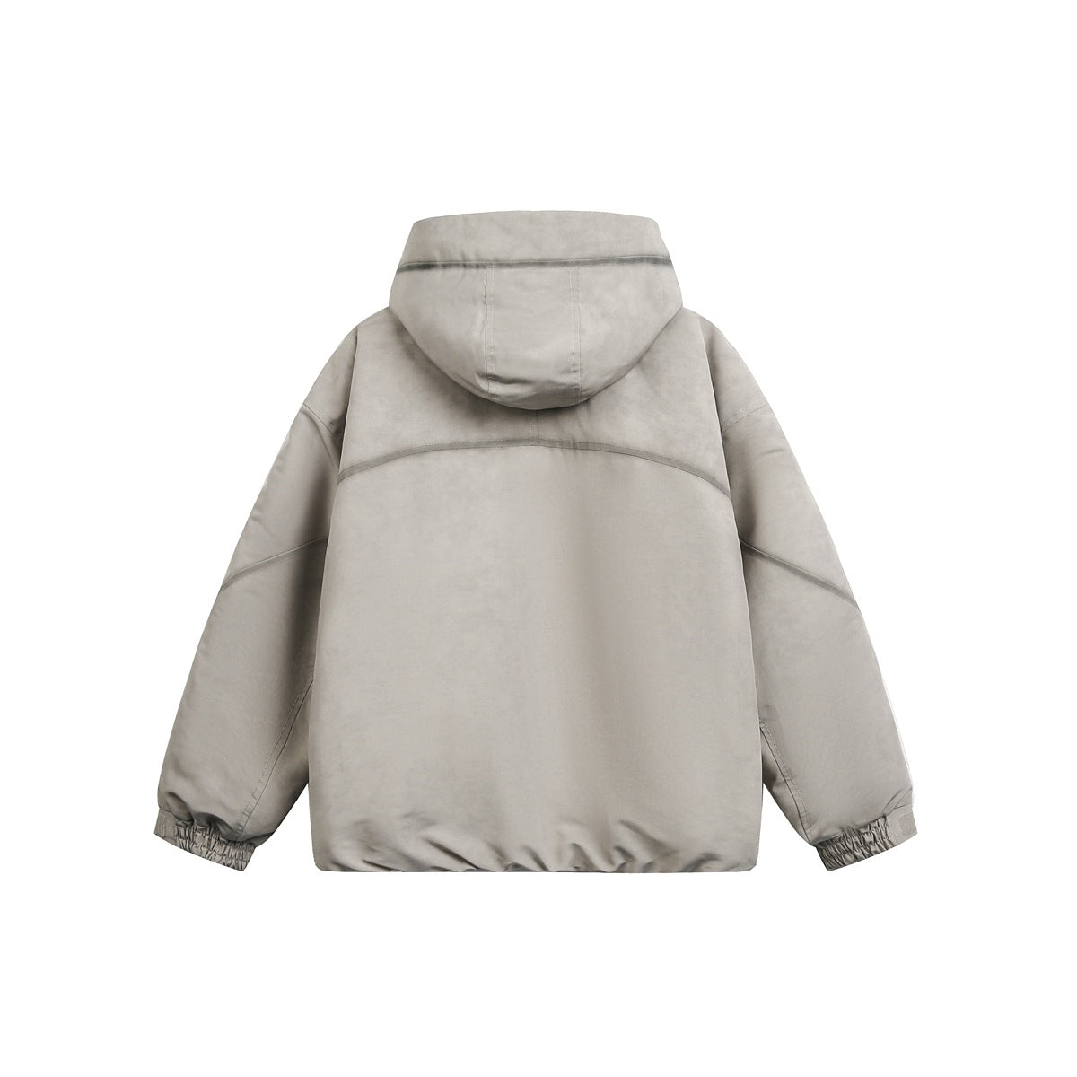 Back view of a light gray hooded jacket laid flat, with curved back yoke seams and elastic cuffs.