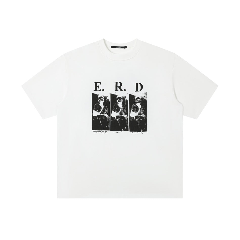 White short-sleeve graphic T-shirt with black E. R. D print and three photo panels on the front, flat lay