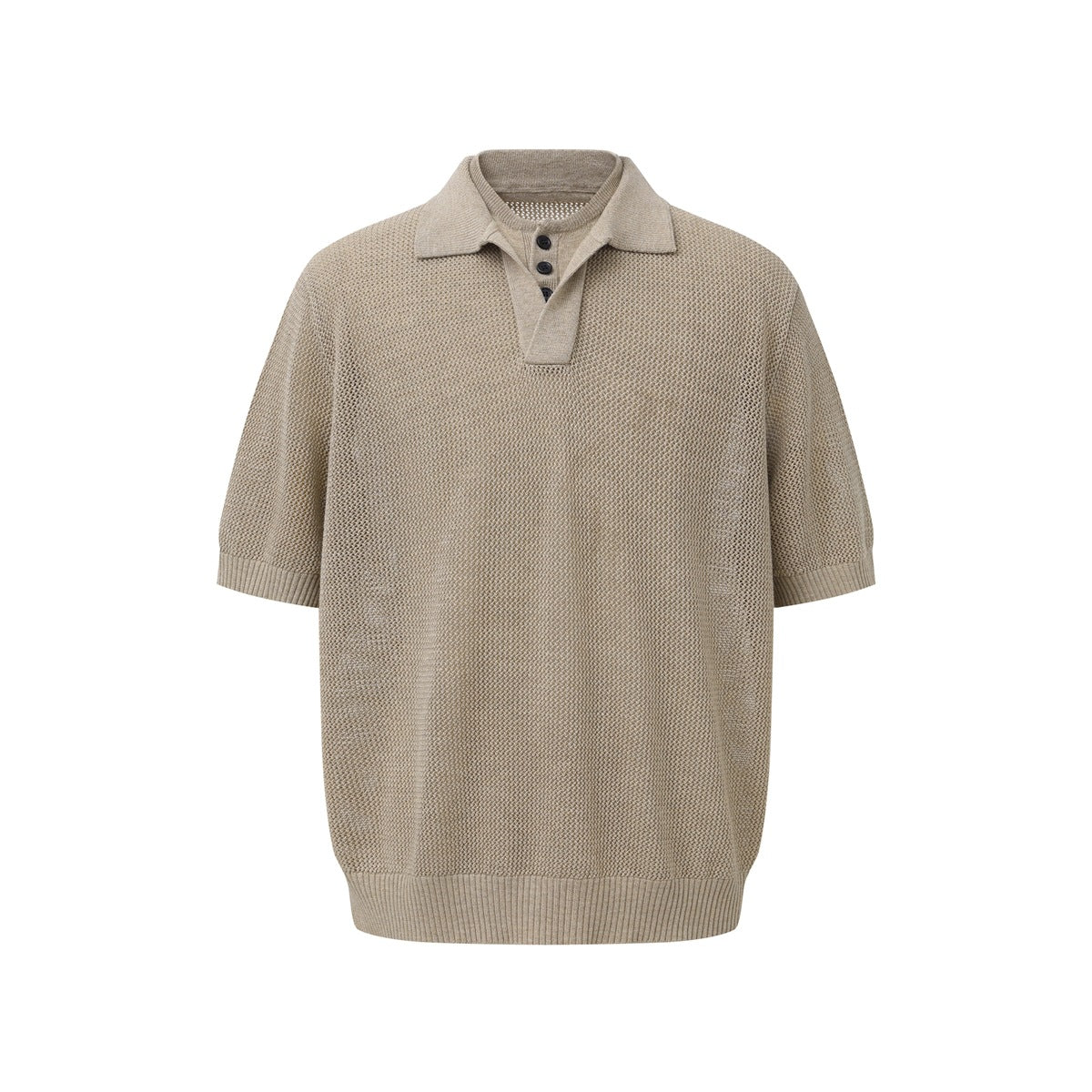 Khaki open-knit short-sleeve polo top with layered neckline and ribbed hem, front flat view
