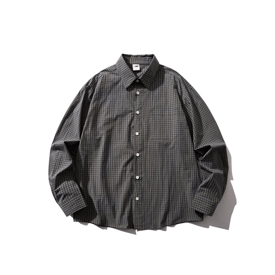 Dark navy-charcoal small plaid long-sleeve button-up shirt with chest pocket, flat lay front view