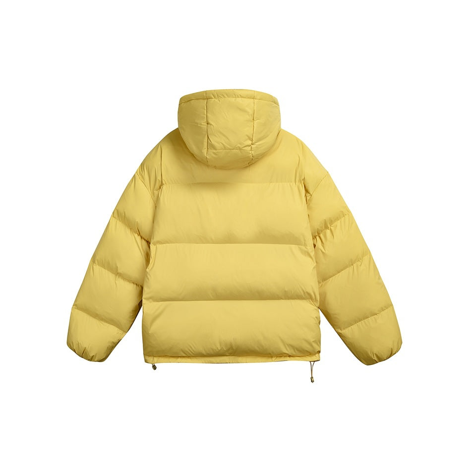 Back view of a mustard-yellow hooded puffer jacket with horizontal quilting and adjustable hem cords.