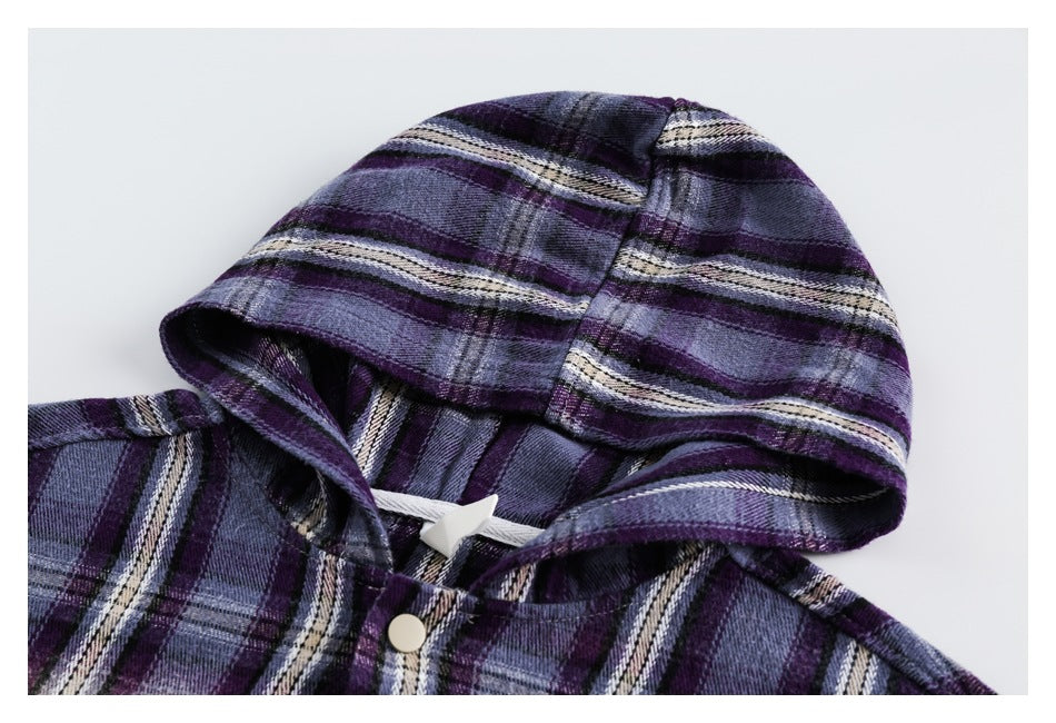 Close-up of a purple plaid shirt's hood, neckline, and light-colored snap button.