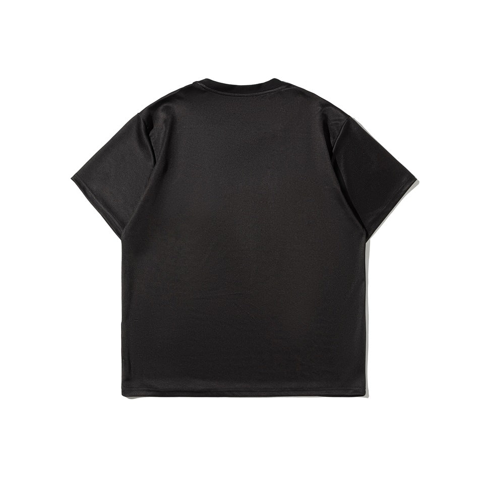 Back view of a plain black short-sleeve shirt.